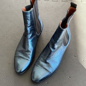Metallic blue leather booties